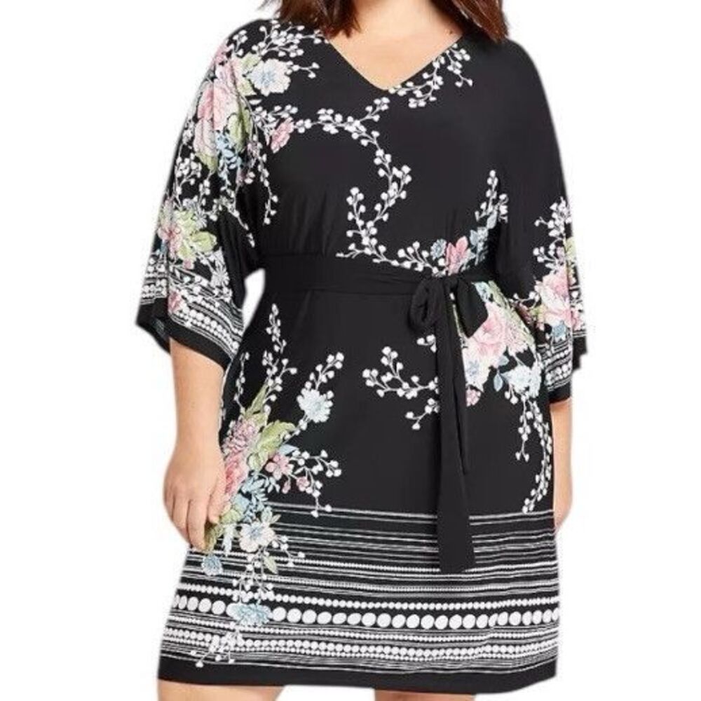 Lane Bryant Dress Sz 18/20 Black Pink Delicate Floral Kimono Asian Inspire Midi